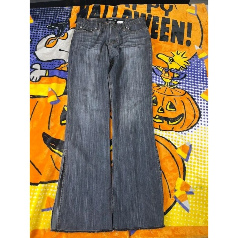 Vintage Y2K Bongo Let Me B Gray Star Pocket Flare Jeans Side Slit Raw Hem size